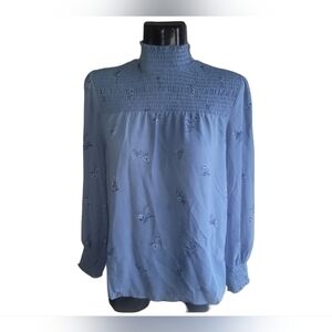 Signature Reitmans Blue Foral Smocked High Neck Blouse S